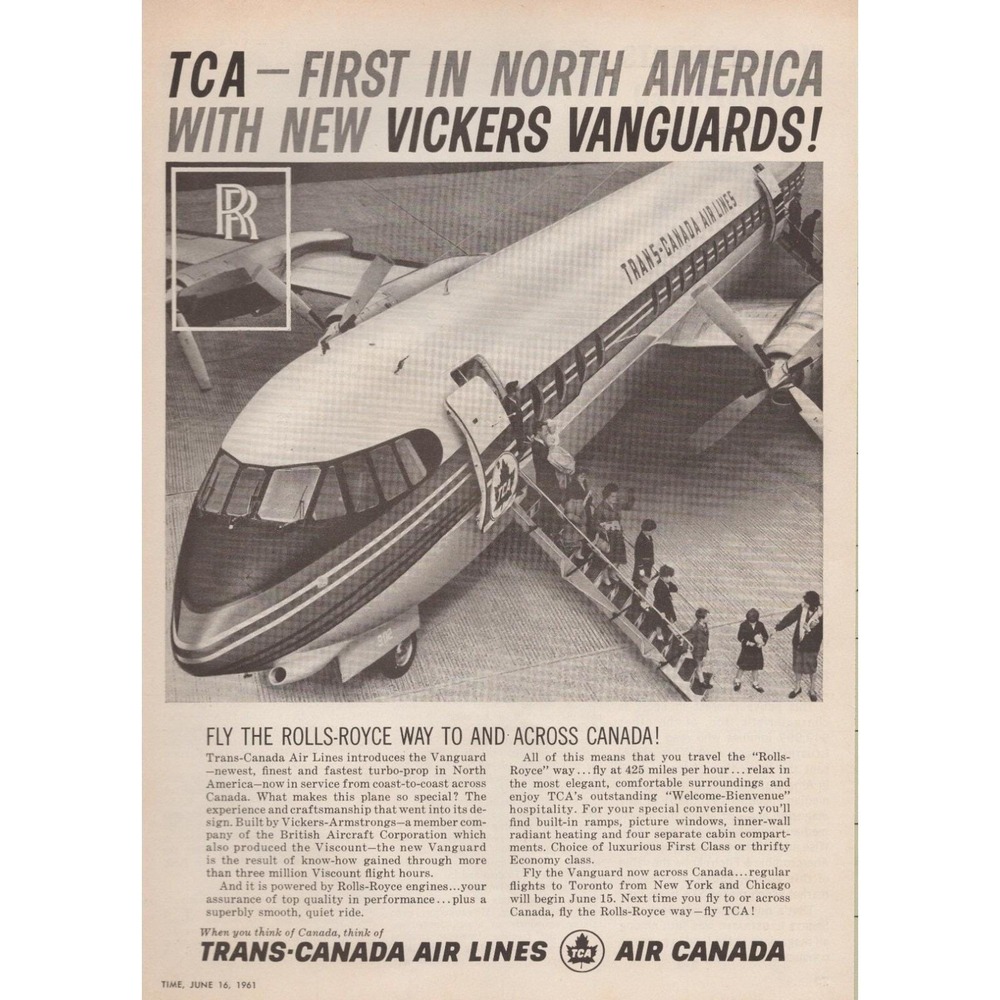 Trans Canada Air Lines Vickers Vanguard Rolls Royce Aircraft Print Ad 1961‎